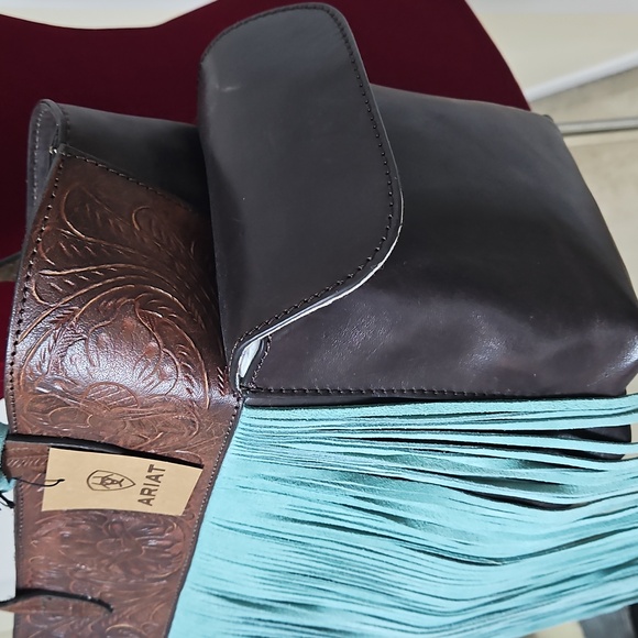 Ariat Brown Tooled Leather Tote with Light Blue Fringe - Picture 4 of 14